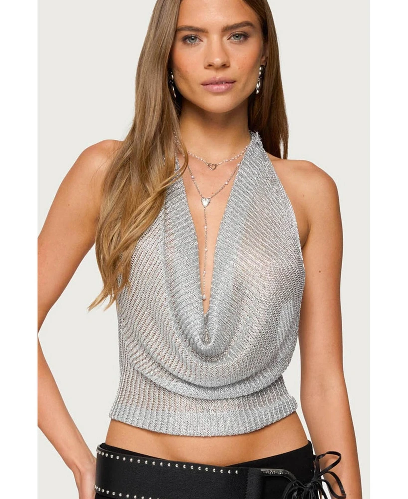 Edikted Womens Shiny Knit Cowl Neck Backless Top