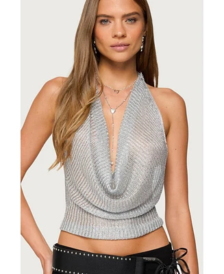 Edikted Womens Shiny Knit Cowl Neck Backless Top