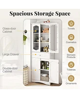 Costway 63" Tall Bathroom Cabinet with Tempered Glass Doors Adjustable Shelves Large Drawer