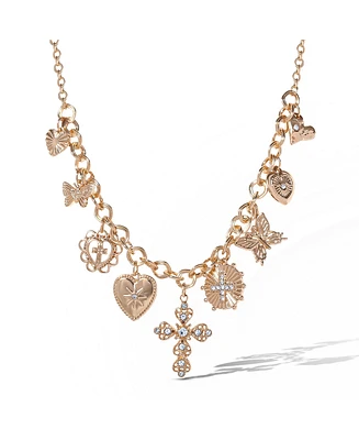 Jessica Simpson Gold-Tone Textured Cross & Heart Charm Necklace