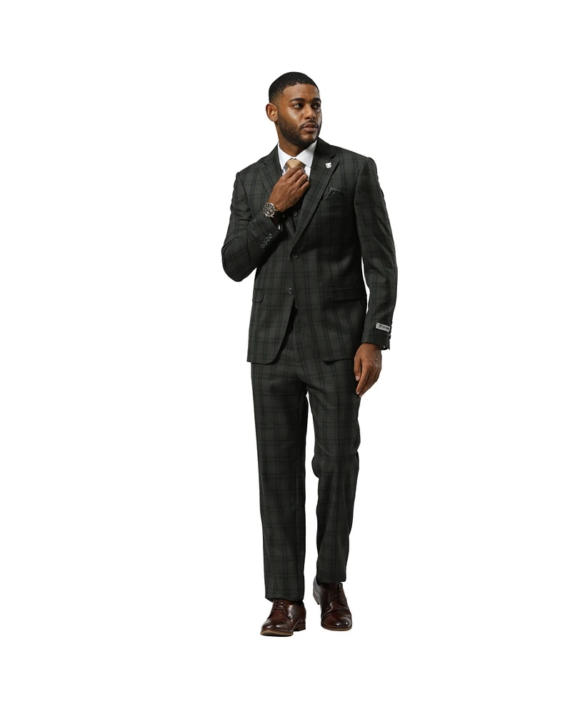 Stacy Adams Big & Tall Glen Plaid Hybrid-Fit 3pc Notch Lapel Suit Set, Jacket Vest and Pants