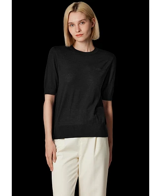 Jennie Liu Women's Tissue Weight 75% Merino Wool 25% Silk Crew Neck Short Sleeve T Shirt Sweater | Ultra Soft Machine-Washable Sweaters