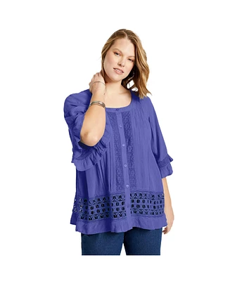 June + Vie Women's June + Vie Lace-Trimmed Boho Blouse