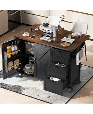 Casainc 54.5" Farmhouse Kitchen Island with Power Outlet, Drop Leaf, Spice Rack and Storage