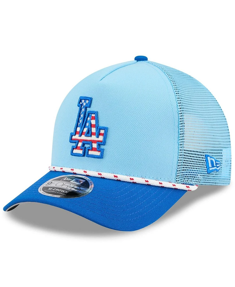 New Era Men's Light Blue/Royal Los Angeles Dodgers 2025 Fourth of July 9FORTY A-Frame M-Crown Adjustable Trucker Hat