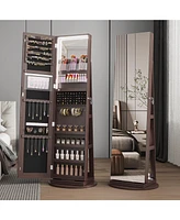 Vlsrka A 360° swivel standing jewelry mirror cabinet with storage shelves, full-length mirror, and Led lights.