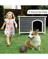 Medium Wooden Outdoor Dog House, Waterproof Roof, Elevated Floor, Grey
