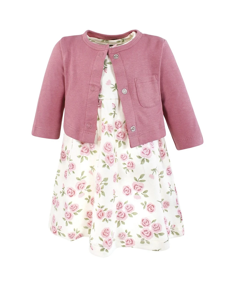 Hudson Baby Girls Cotton Dress and Cardigan Set, Mauve Sage Rose