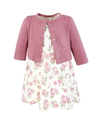 Hudson Baby Girls Cotton Dress and Cardigan Set, Mauve Sage Rose