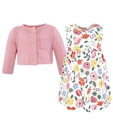 Hudson Baby Girls Cotton Dress and Cardigan Set, Mauve Modern Botanical