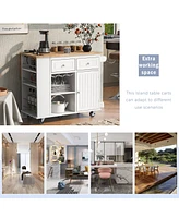 Casainc Kitchen Island with Drop Leaf, Power Outlet, Rubber Wood Top, Wine Rack, Open Storage, Adjustable Shelves, 5 Wheels
