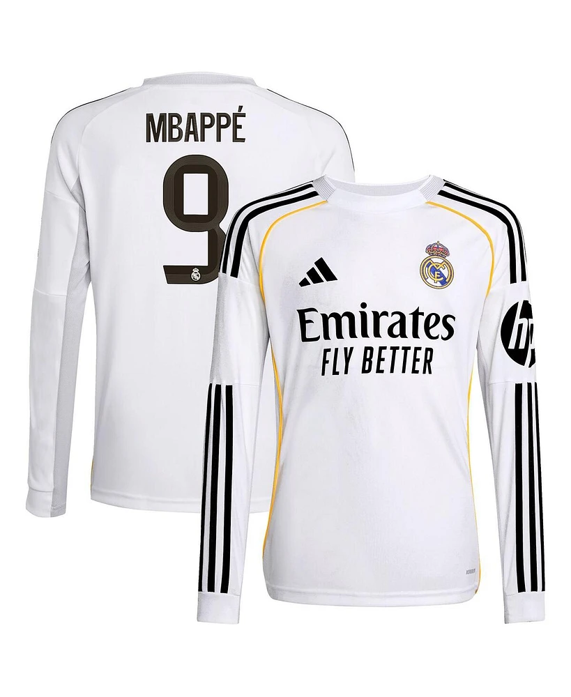 Adidas Big Boys and Girls Kylian Mbappe White Real Madrid 2025/26 Home Replica Long Sleeve Jersey