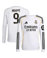 Adidas Big Boys and Girls Kylian Mbappe White Real Madrid 2025/26 Home Replica Long Sleeve Jersey