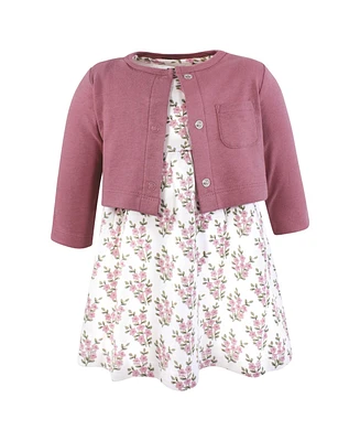 Hudson Baby Girls Cotton Dress and Cardigan Set, Plum Wildflower