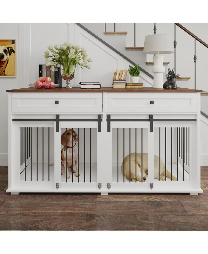 63" Double Dog Crate Furniture with Drawers & Divider