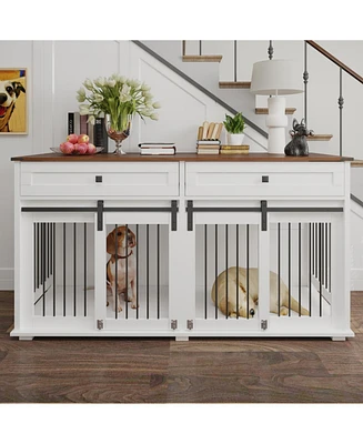 63" Double Dog Crate Furniture with Drawers & Divider