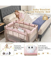 Costway Kids Portable Playard Nursery Center Crib with Hanging Toys & Music Box Unisex 0-3 Years