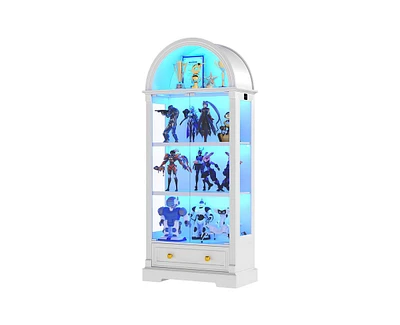 Vlsrka 4-tier shelves, motion sensor lights, 72" arched glass display cabinet.