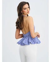 Miss Circle Women's Ilene Blue and White Checkered Bubble Hem Halter Top