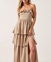 Modenaire Women's Strapless Tiered Ruffle High Slit Maxi Dress