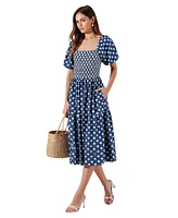 Modenaire Women's Smocked Puff-Sleeve Tiered Midi Dress with Pockets