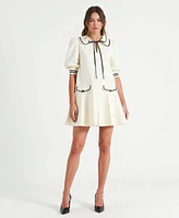Modenaire Women's Pleated Contrast Collar Bow Tie Mini Dress
