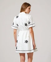 Modenaire Women's Short-Sleeve Embroidered Scalloped Shirt Dress