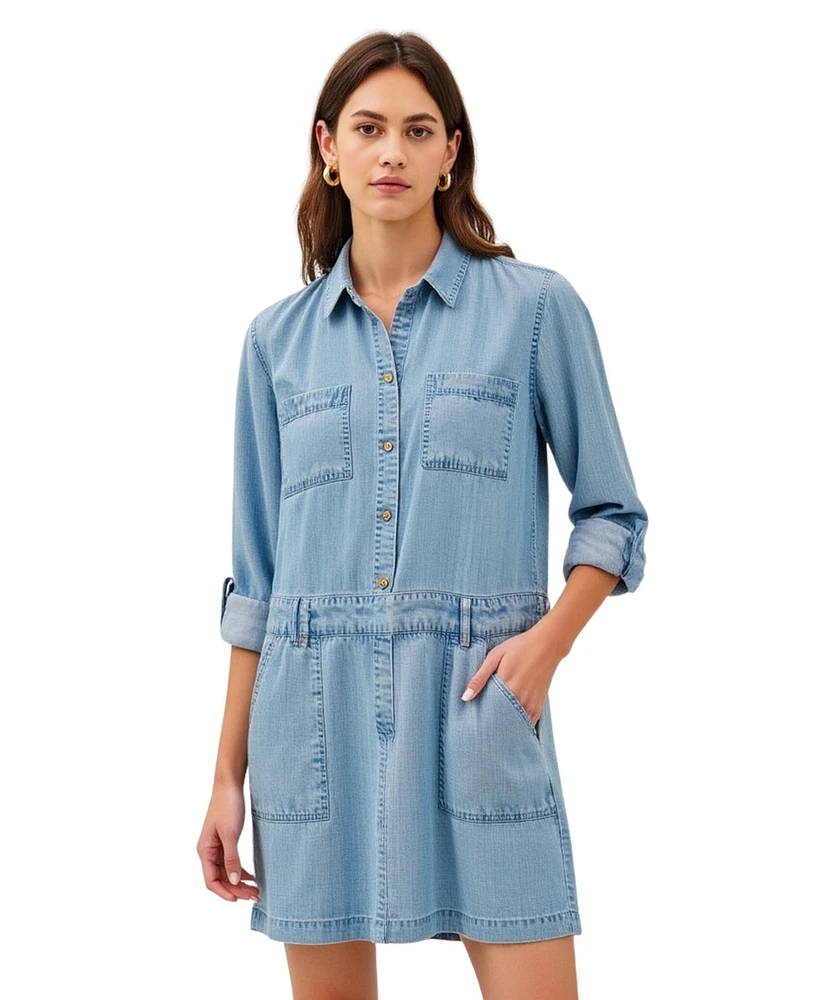 Modenaire Women's Button-Front Denim Mini Dress with Pockets
