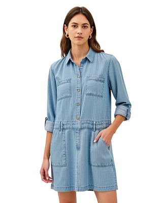 Modenaire Women's Button-Front Denim Mini Dress with Pockets