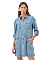 Modenaire Women's Button-Front Denim Mini Dress with Pockets
