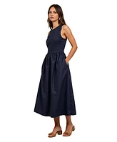 Modenaire Women's Sleeveless Crewneck Gathered Waist Midi Dress