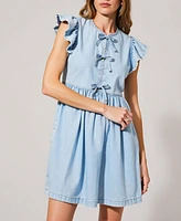 Modenaire Women's Sleeveless Ruffle Bow-Tie Front Drawstring Mini Dress