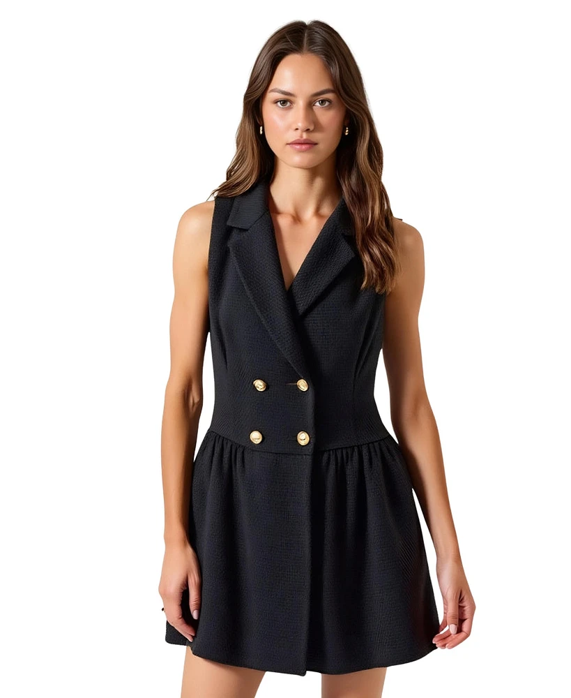 Modenaire Women's Sleeveless Double-Breasted Boucle Tweed Flared Hem Dress
