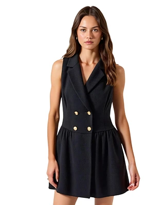 Modenaire Women's Sleeveless Double-Breasted Boucle Tweed Flared Hem Dress