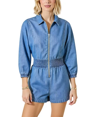 Modenaire Women's Zip Front Smocked Waist 3/4 Sleeve Romper