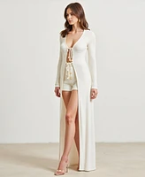 Modenaire Women's Ribbed Knit Longline Cardigan and Shorts Set