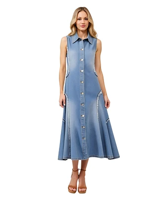 Modenaire Women's Sleeveless Frayed Seams Button Front Midi Dress