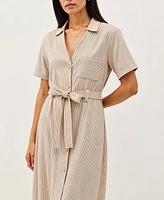Modenaire Women's Striped Collared Waist Tie Button-Down Midi Dress