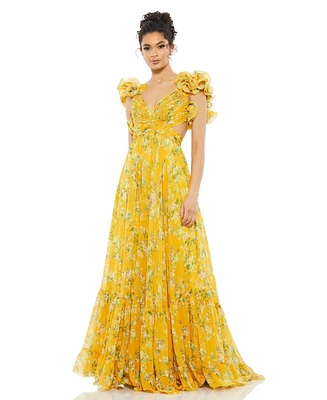 Mac Duggal Women's Ruffle Tiered Floral Cut-Out Chiffon Gown