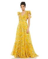 Mac Duggal Women's Ruffle Tiered Floral Cut-Out Chiffon Gown