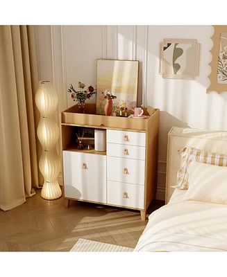 Four-drawer nightstand with one door, wood and white wooden side table, end table with leather handles, appropriate for bedrooms, living rooms, and of