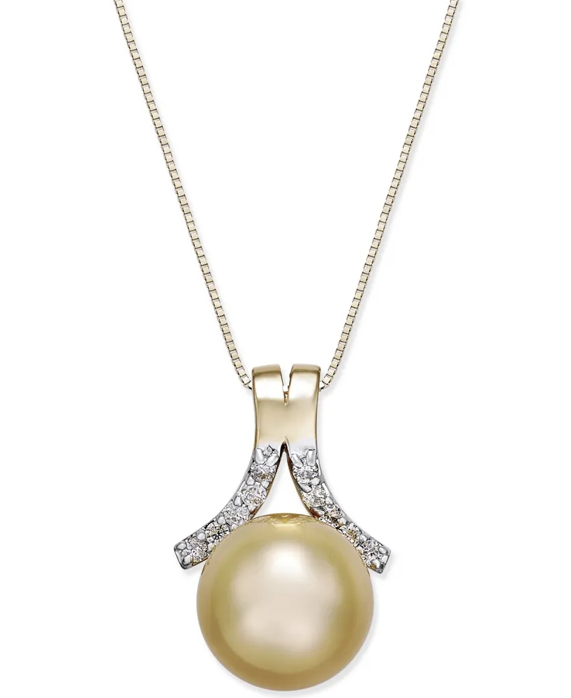 Cultured Golden South Sea Pearl (10mm) and Diamond (1/6 ct. t.w.) Pendant Necklace in 14k Gold