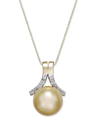 Cultured Golden South Sea Pearl (10mm) and Diamond (1/6 ct. t.w.) Pendant Necklace in 14k Gold