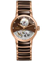 Rado Women's Swiss Automatic Centrix Diamond Accent Rose Gold-Tone Pvd Stainless Steel & Brown Ceramic Bracelet Watch 33mm R30248712