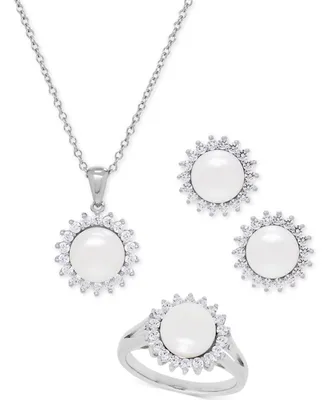 Cultured Freshwater Pearl (8mm) and Cubic Cubic Zirconia Jewelry Set in Sterling Silver