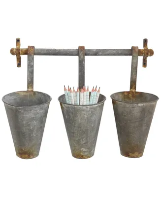 Antique-liked Metal Wall Rack with 3 Hanging Cone Pots, Gray