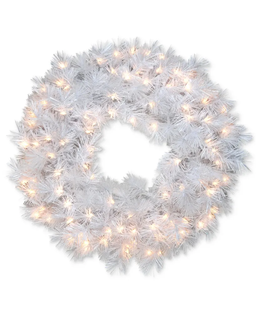 National Tree Company 30" Wispy Willow Grande White Wreath With Silver Glitter & 100 Velvet Frost White Lights