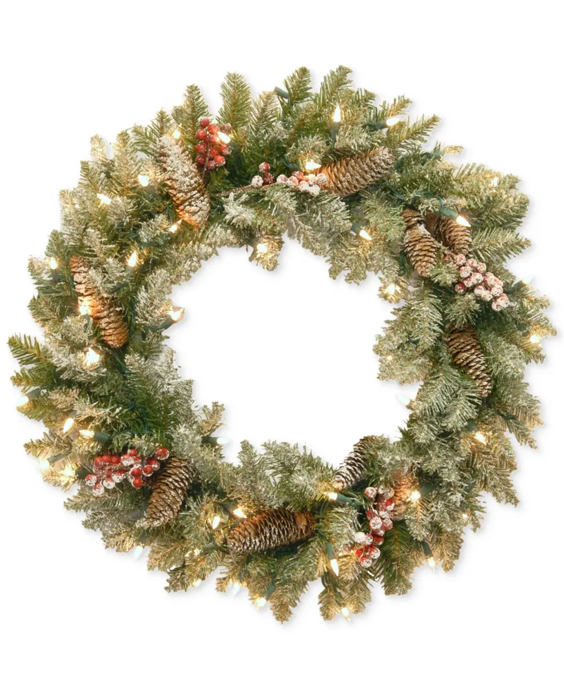 National Tree Company 30" Dunhill Fir Wreath With Snow, Red Berries, Pine Cones & 50 Clear Lights