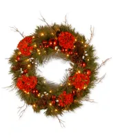 National Tree Company 24" Hydrangea Wreath With Pine Cones, Berries & 50 Battery-Operated Led Lights