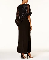 R & M Richards Sequined Lace Cape Gown